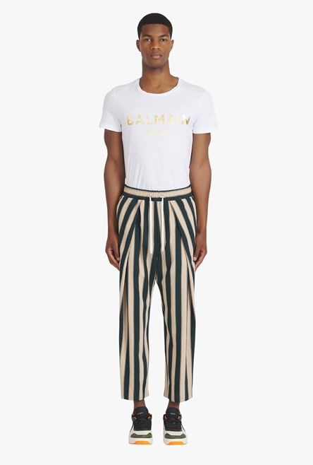 Sand-colored and dark green striped eco-designed cotton pleated pants - 4