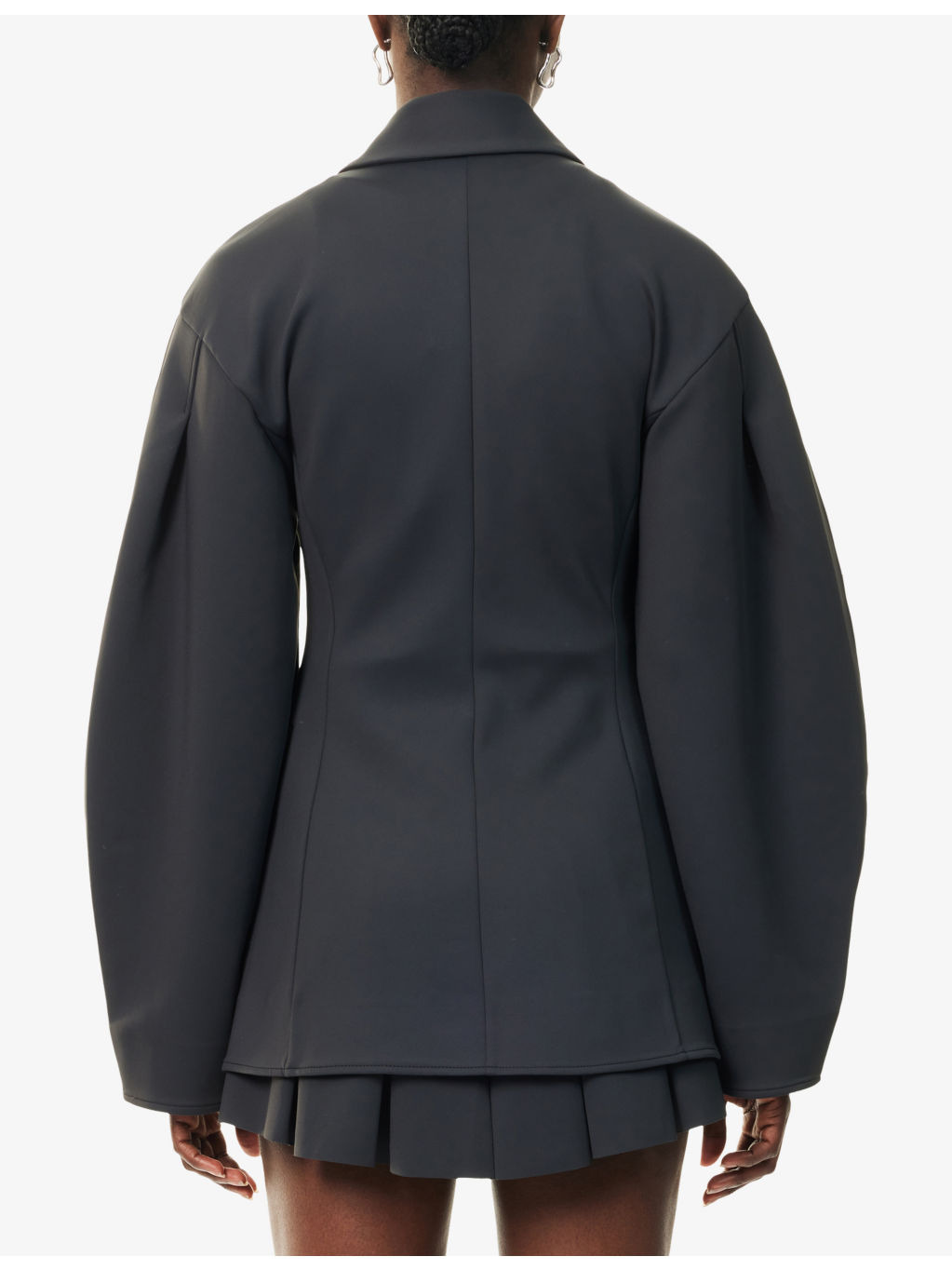 Faux-Crystal Buttons Puff-Sleeve Scuba Blazer - 4