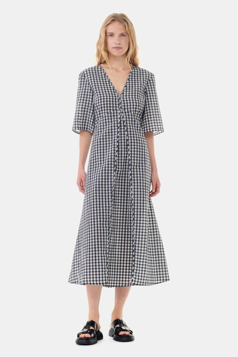 GANNI SEERSUCKER CHECK V-NECK LONG DRESS outlook