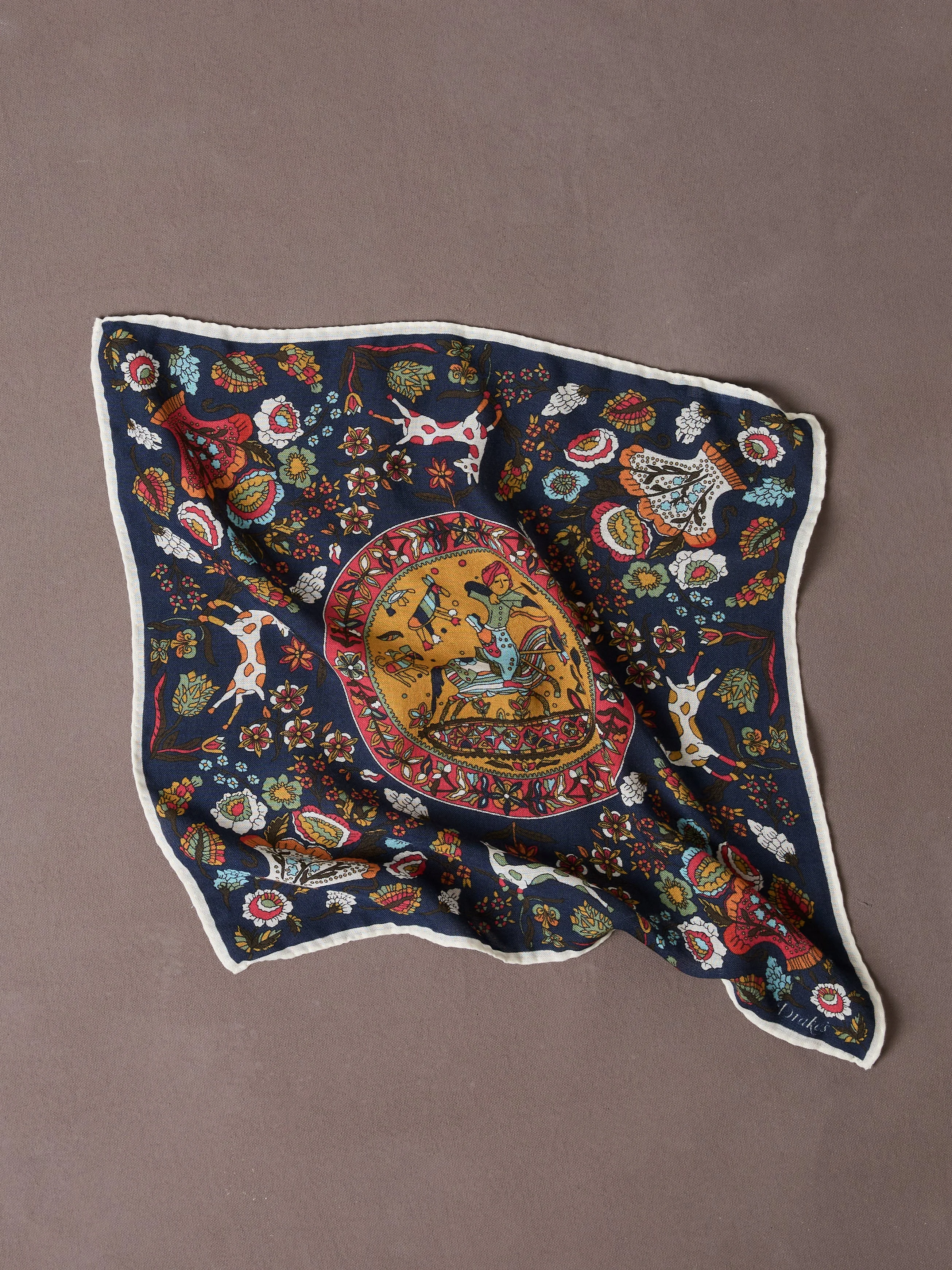 Navy Folk Rider Print Wool-Silk Pocket Square - 1