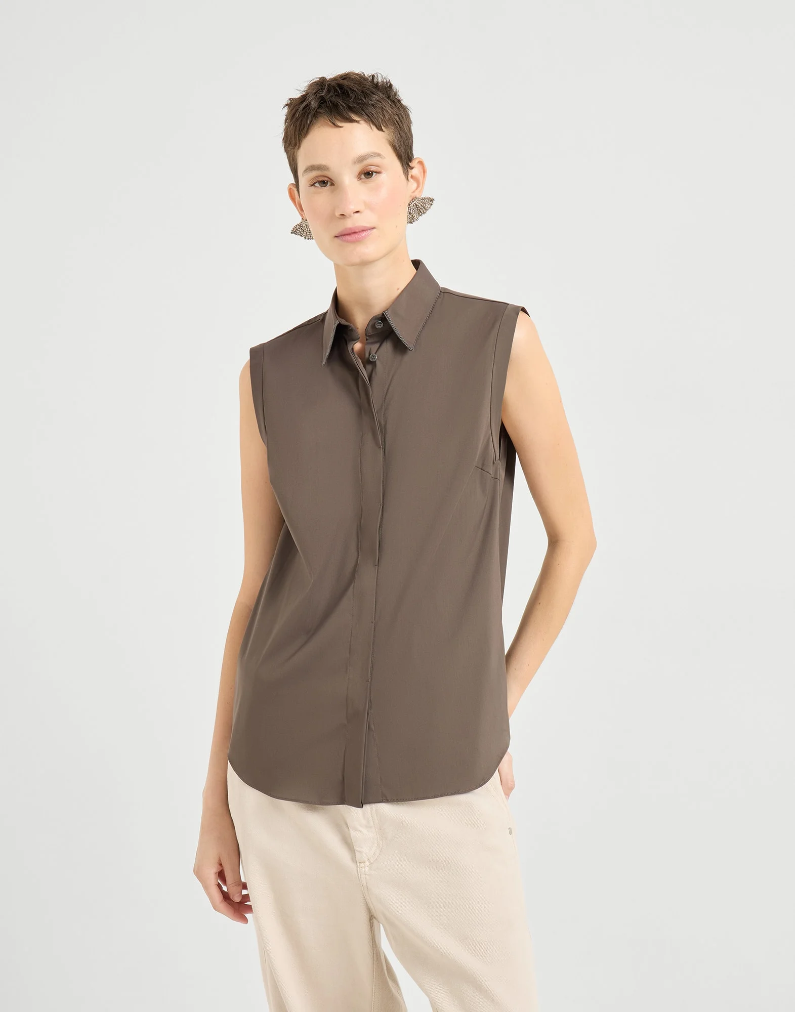 Stretch cotton poplin sleeveless shirt with shiny trim - 1