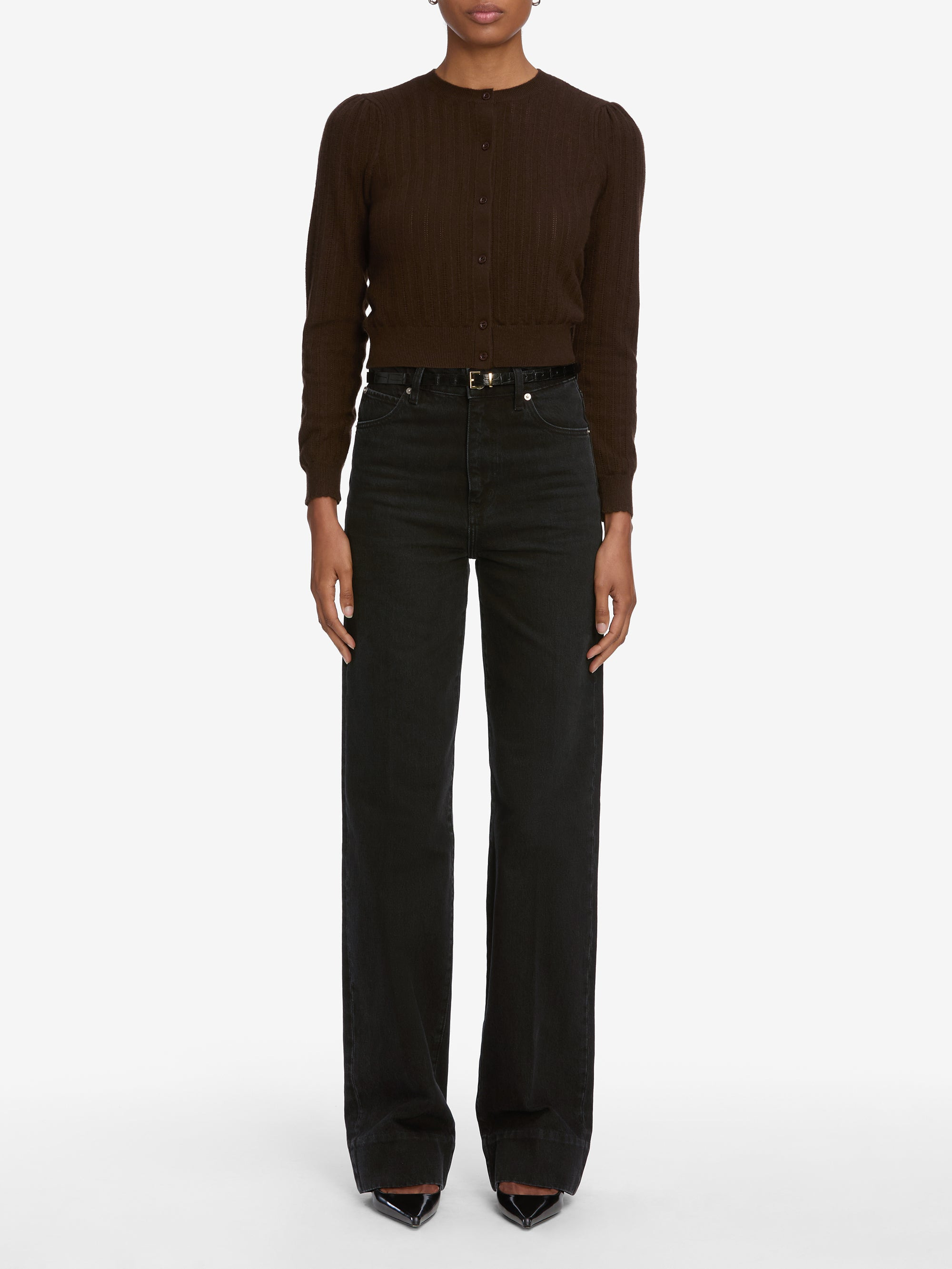 The Ladder Pointelle Cardi in Coffee - 2