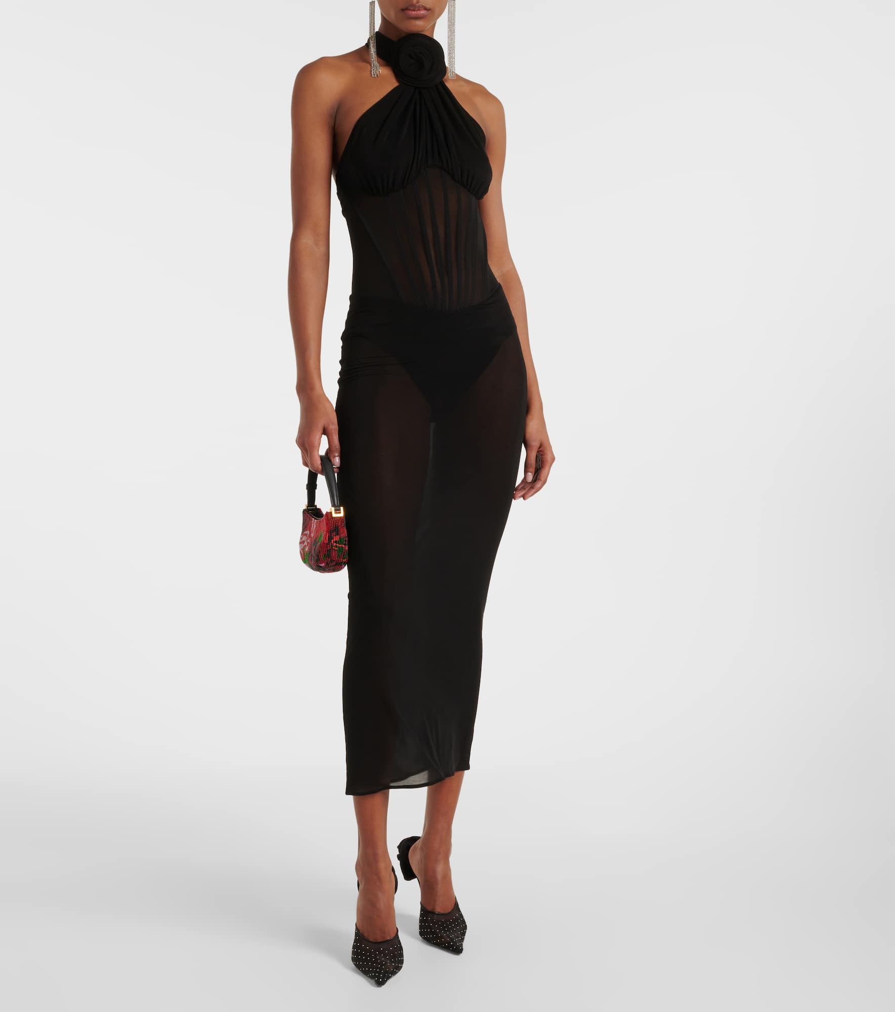 Floral-appliqué sheer cocktail dress - 2