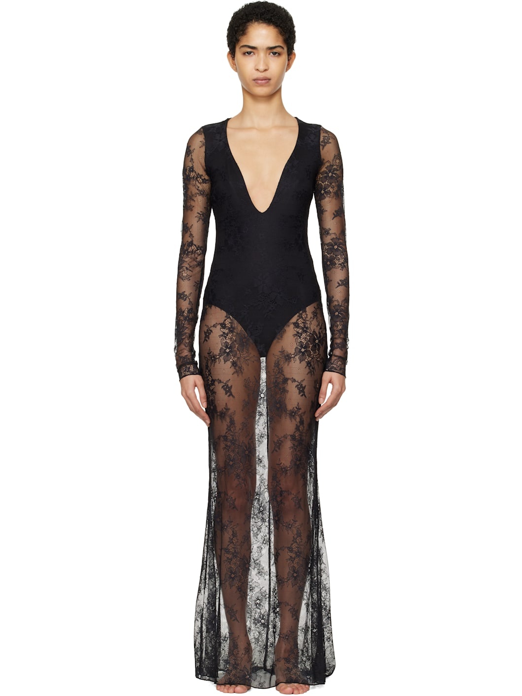 Black Ultra Fine Lace Plunge Long Maxi Dress - 1