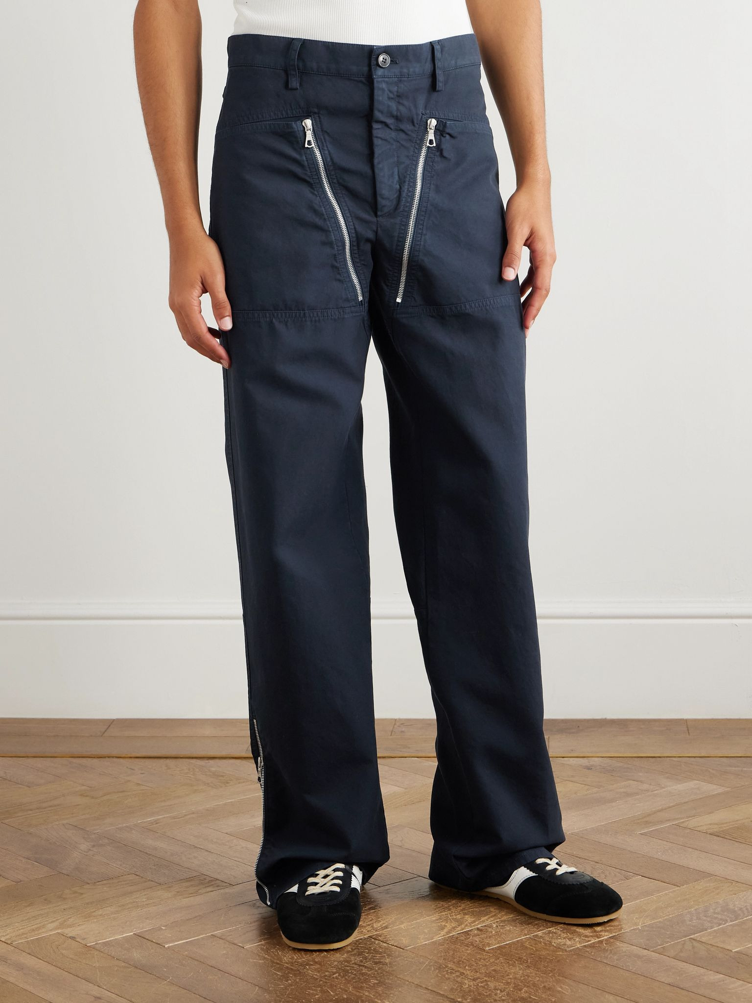 Straight-Leg Zip-Detailed Cotton Trousers Navy - 3