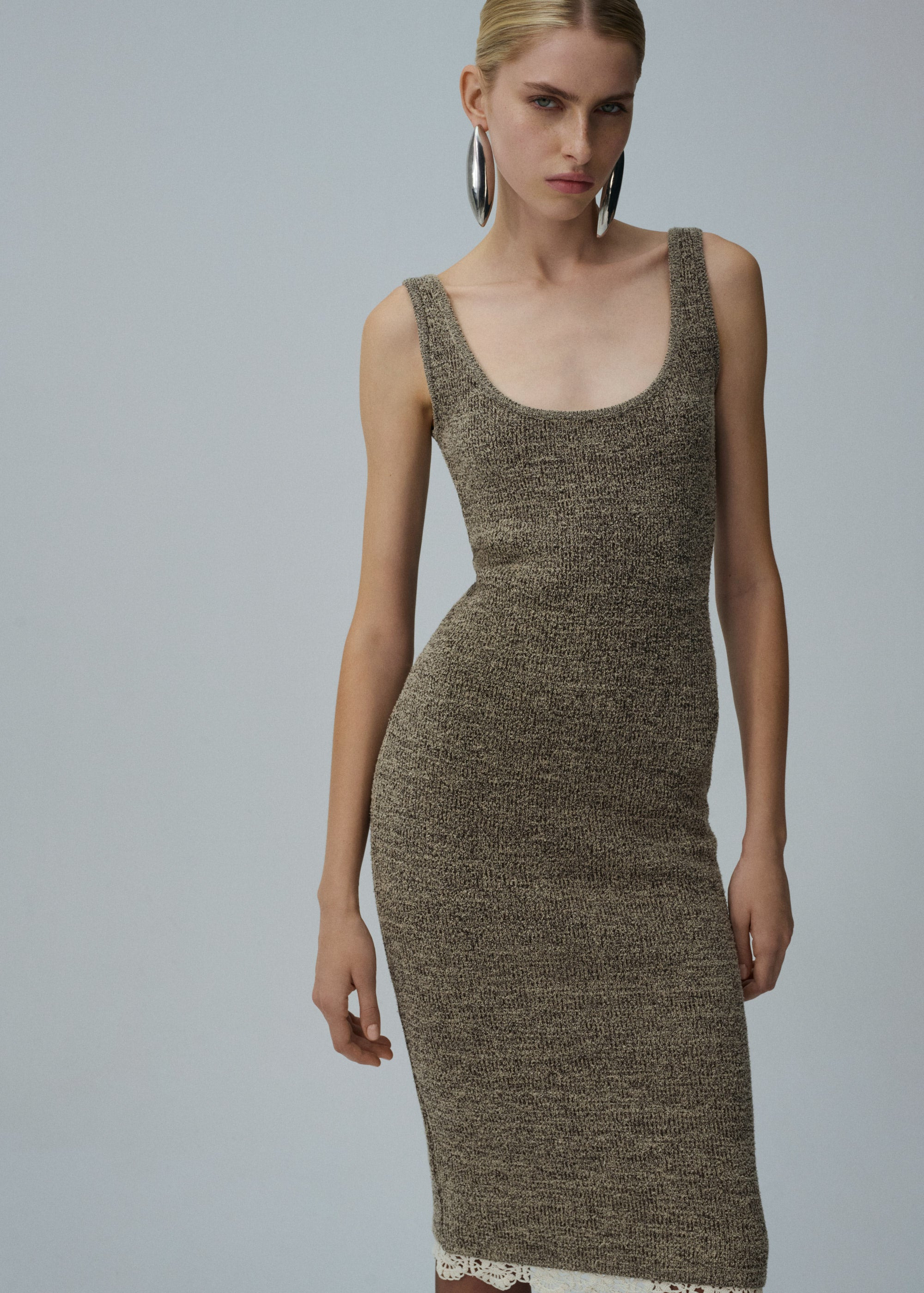 Lace detail knit mini dress in brown - 3