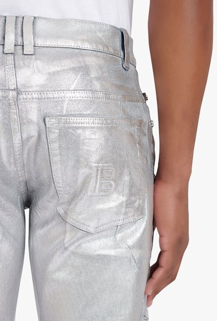 Embossed silvery cotton slim jeans with Balmain-monogrammed hem - 7