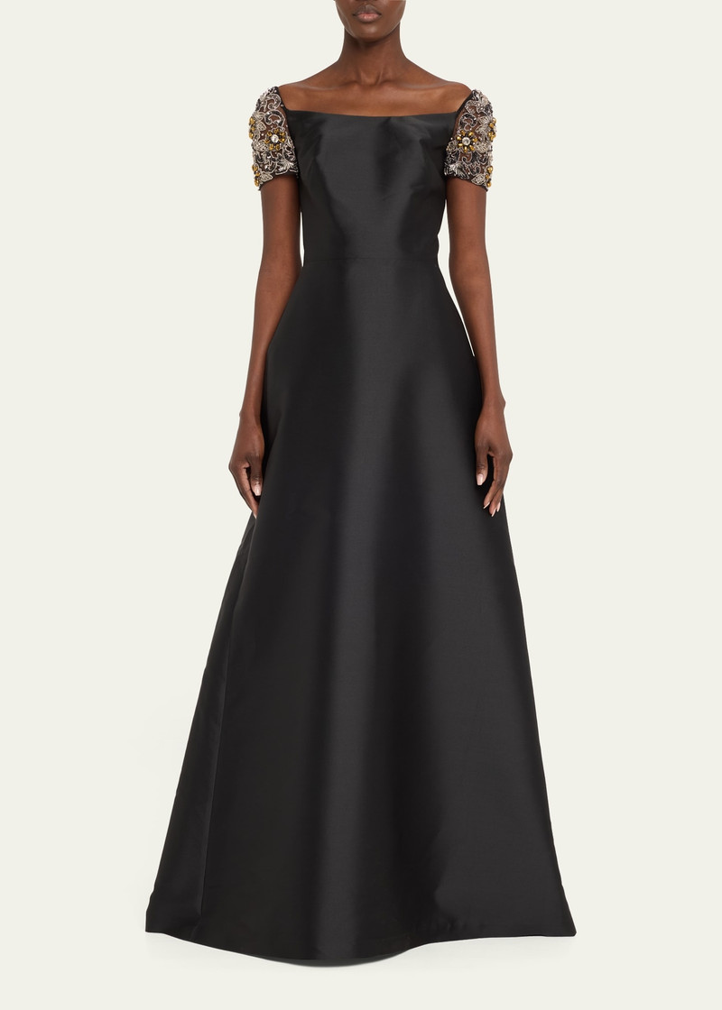 REEM ACRA Mikado Soft Kaftan with Tulle Beaded Sleeves outlook