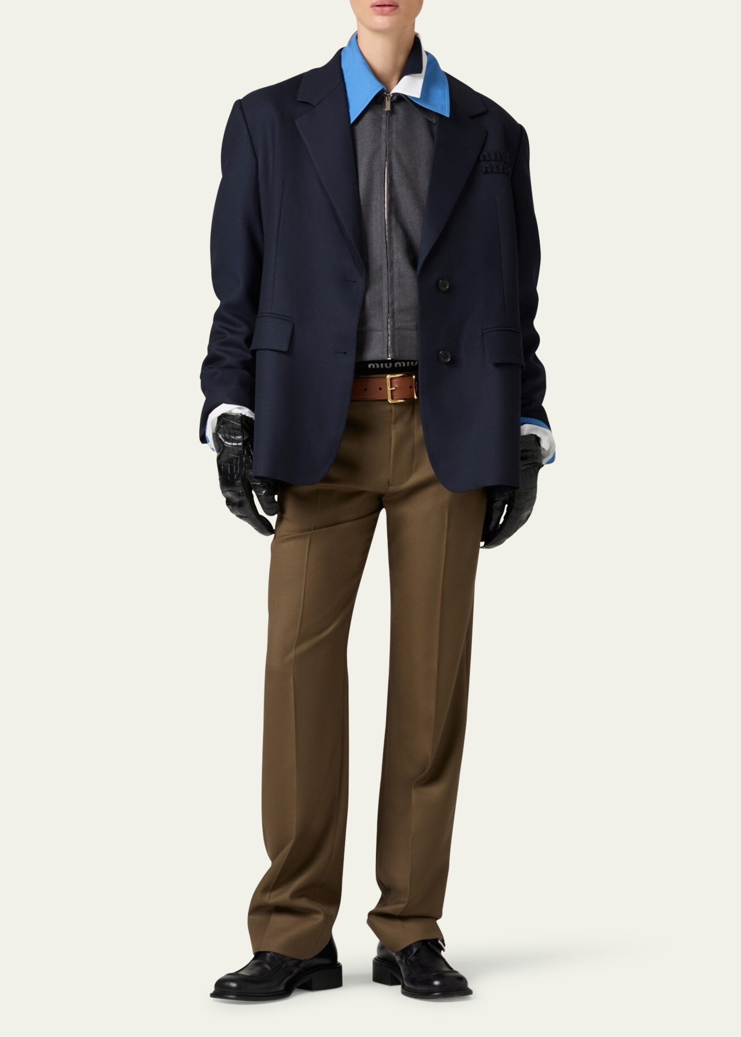 Logo Embroidered Oversized Wool Blazer Jacket - 2