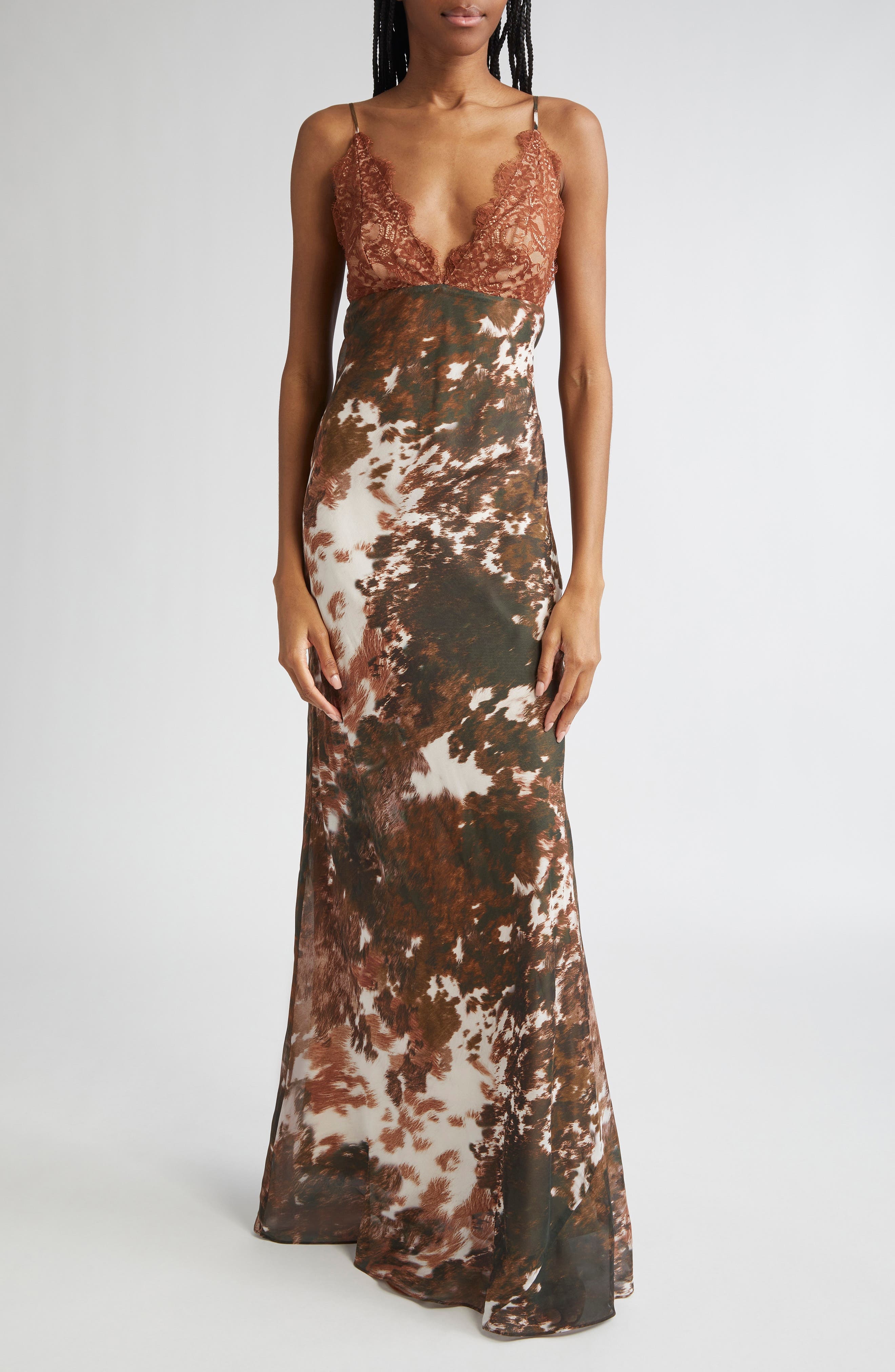 L'AGENCE Susanna Lace Bust Silk Slipdress in Multi Cow Print at Nordstrom - 1