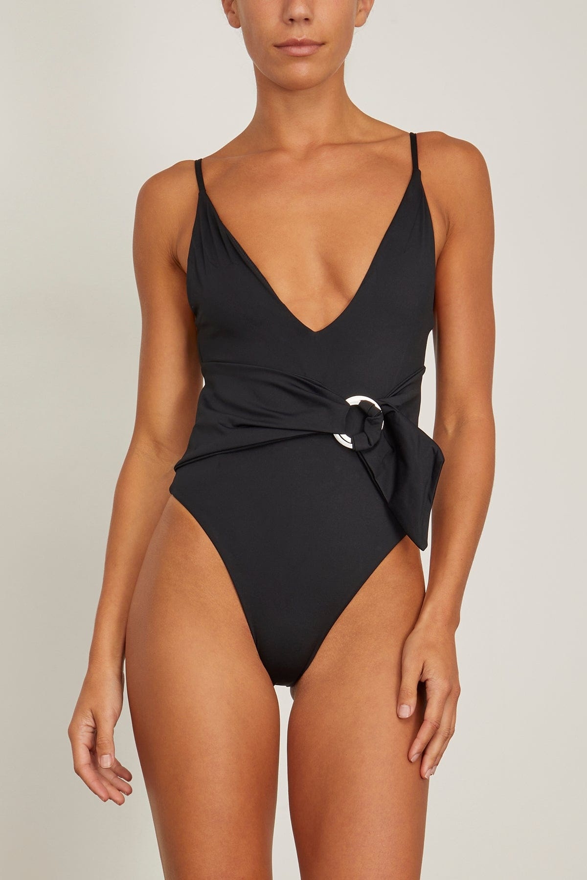 Niya Deep V Tie Waist One Piece Swimsuit in Black - 3