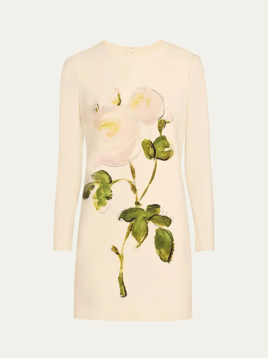 Long-Sleeve Painted Roses Wool Mini Dress - 1