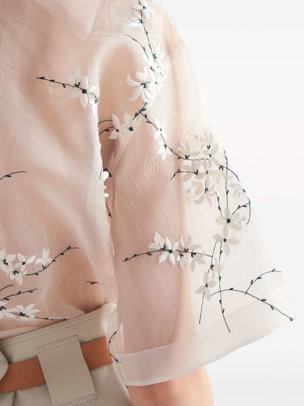 floral-embroidered short-sleeved sheer shirt - 5