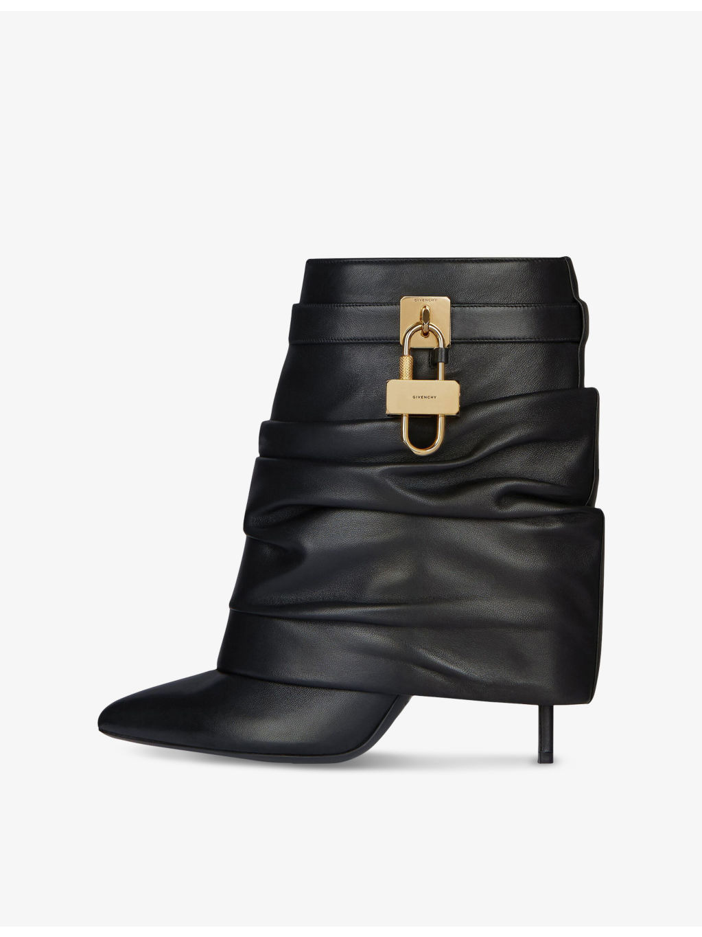 Shark Lock Stiletto Srunched Low Leather Heeled Ankle Boots - 2
