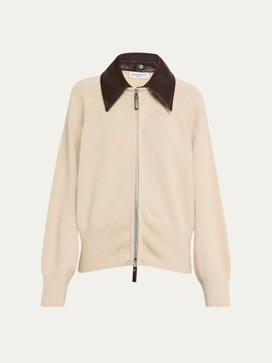 Conrad Leather-Collar Cashmere Zip Cardigan - 1