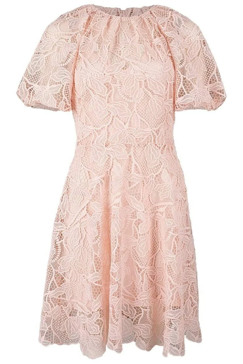 Jewel Neckline Puff Sleeve Dress - 1