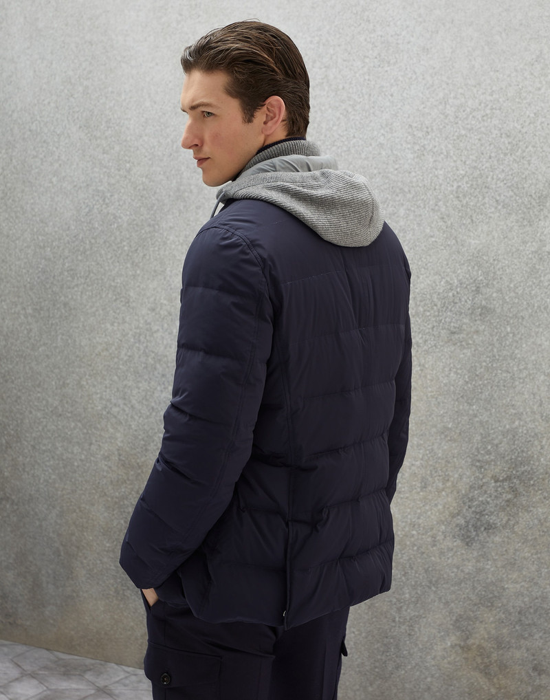 Bonded nylon blazer-style down jacket with knitted bib and detachable hood 2