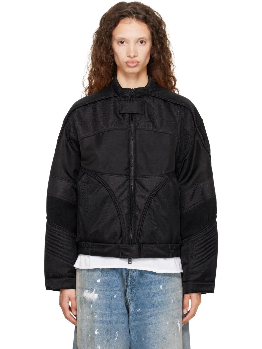 Black Shiny Drill Bomber Jacket - 1