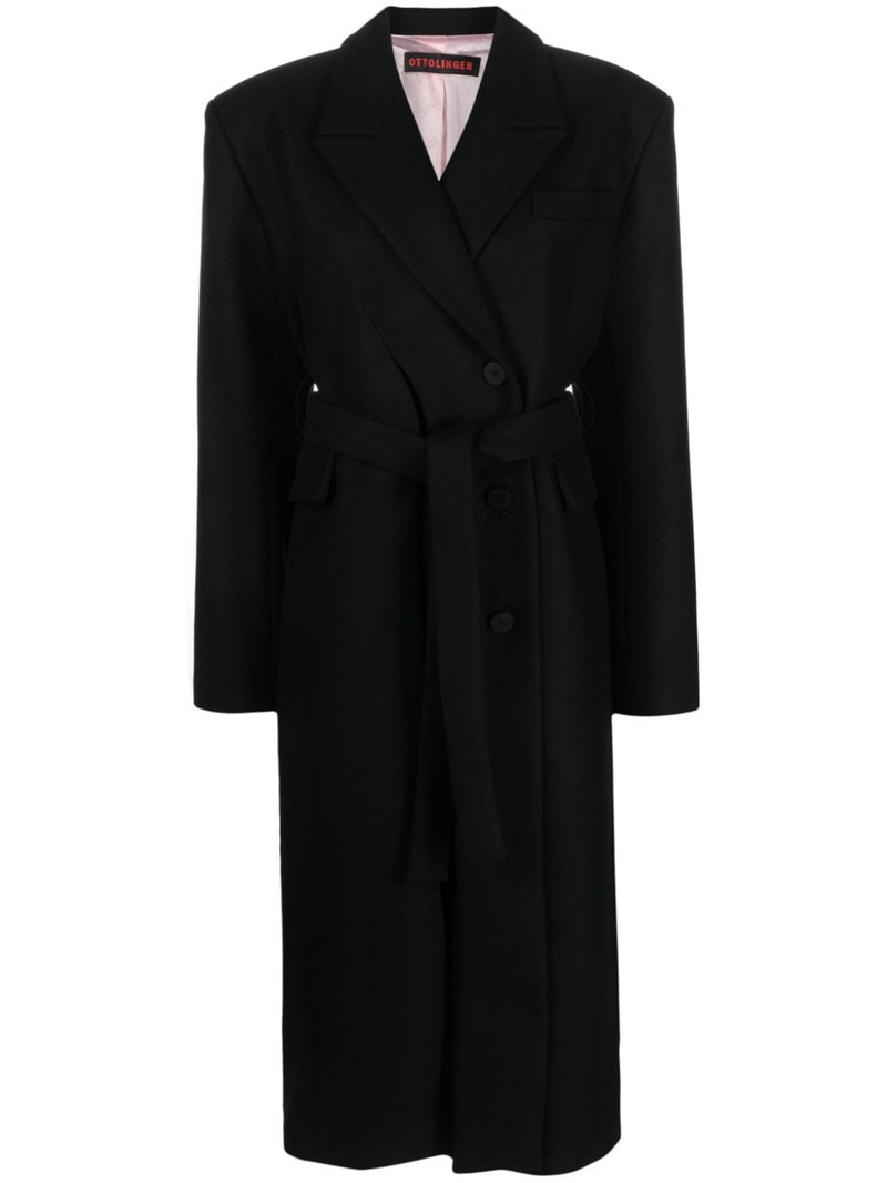 peak-lapels belted single-breasted coat 1