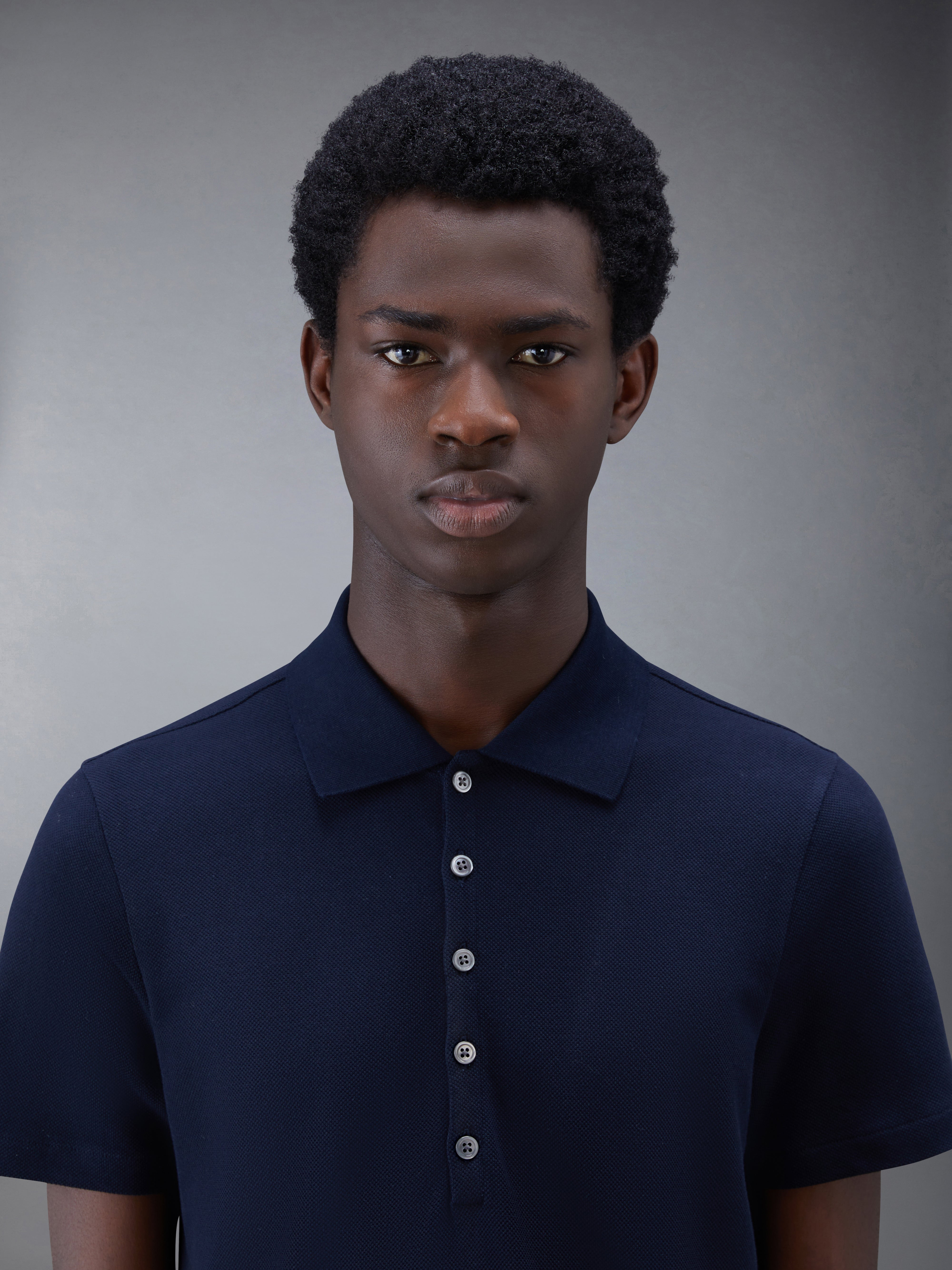 Navy Cotton Pique Center Back Stripe Relaxed Fit Polo - 4