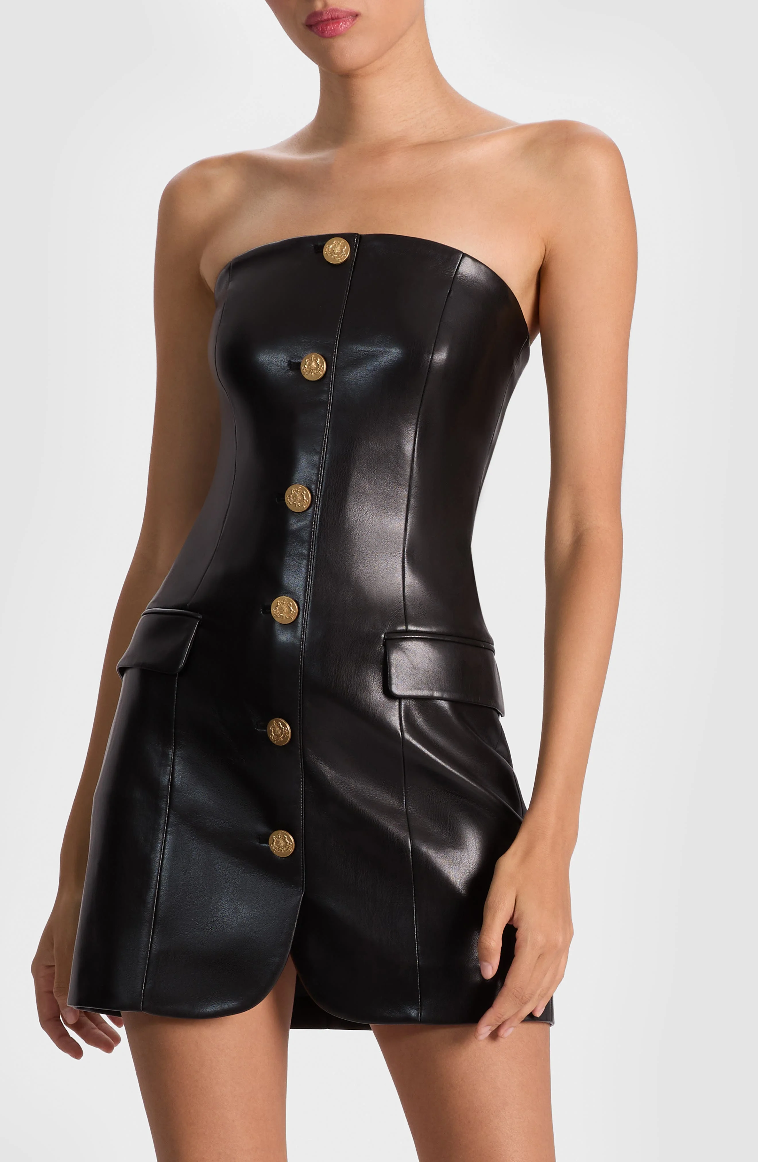 Alice + Olivia Madison Faux Leather Strapless Dress in Black at Nordstrom - 1