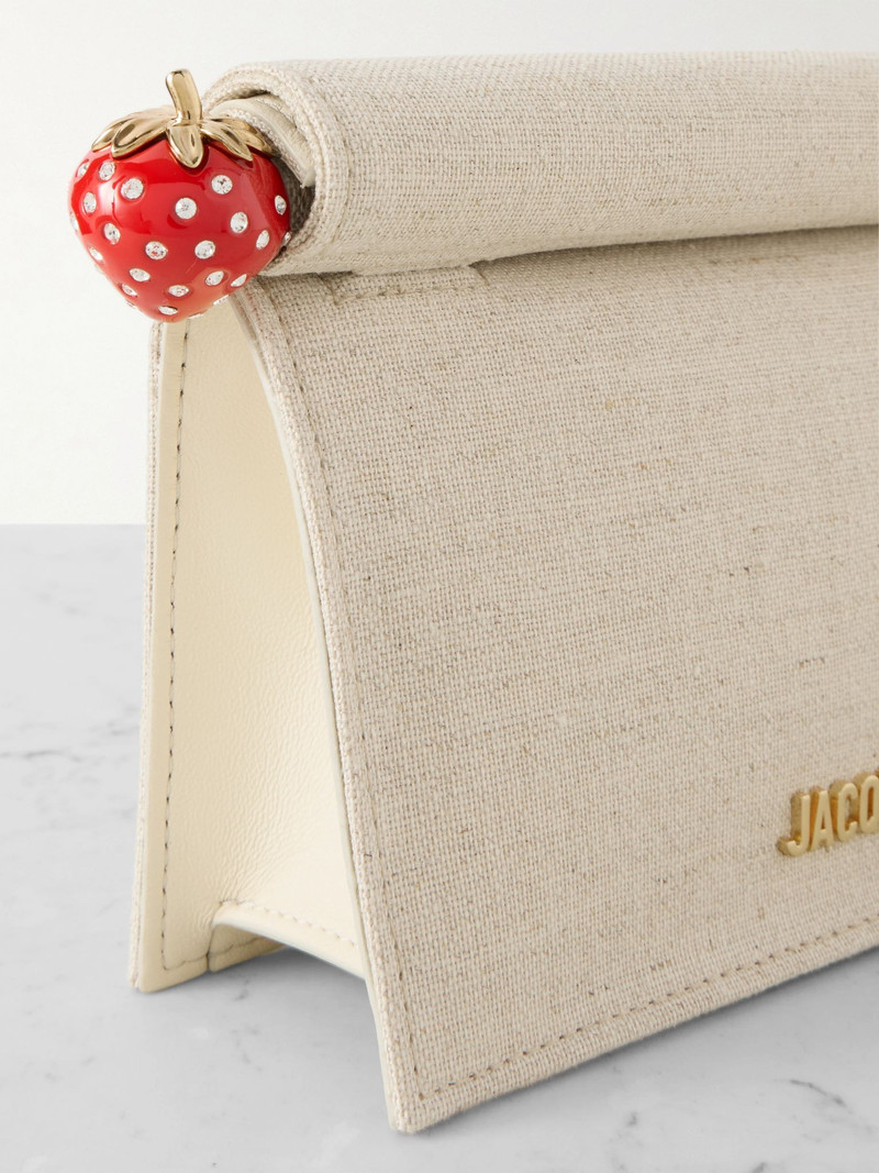 Pochette small embellished leather-trimmed canvas clutch Beige 4