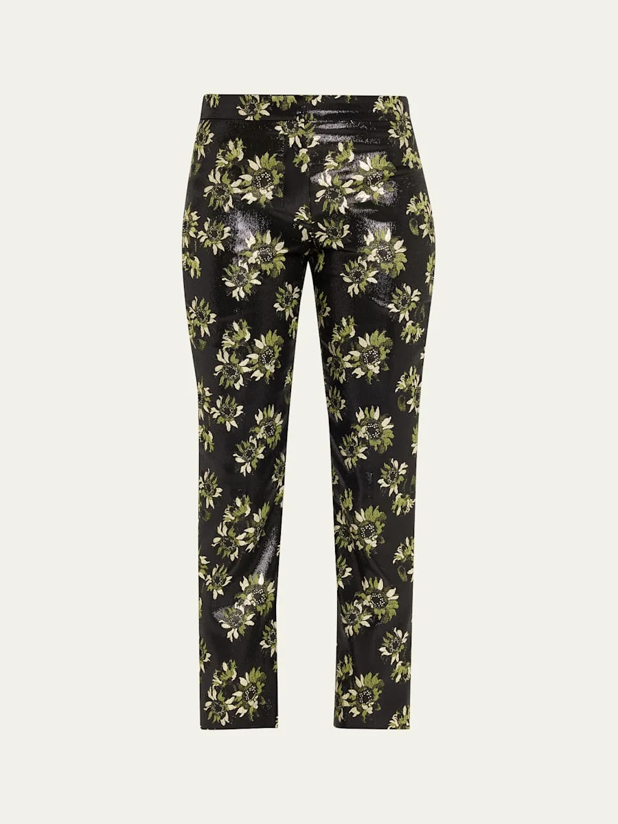 Lacquered Sunflower Jacquard Slim-Leg Ankle Pants - 1