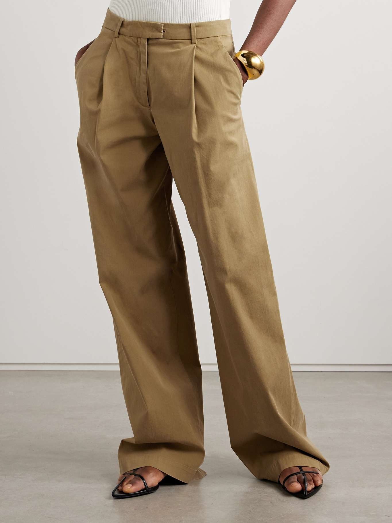 Pleated organic cotton-blend twill wide-leg pants Army green - 3
