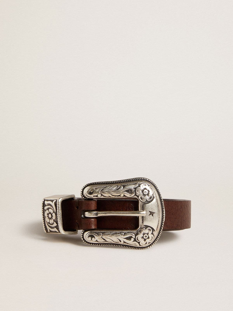 Women's dark brown leather belt with decorated silver buckle 1