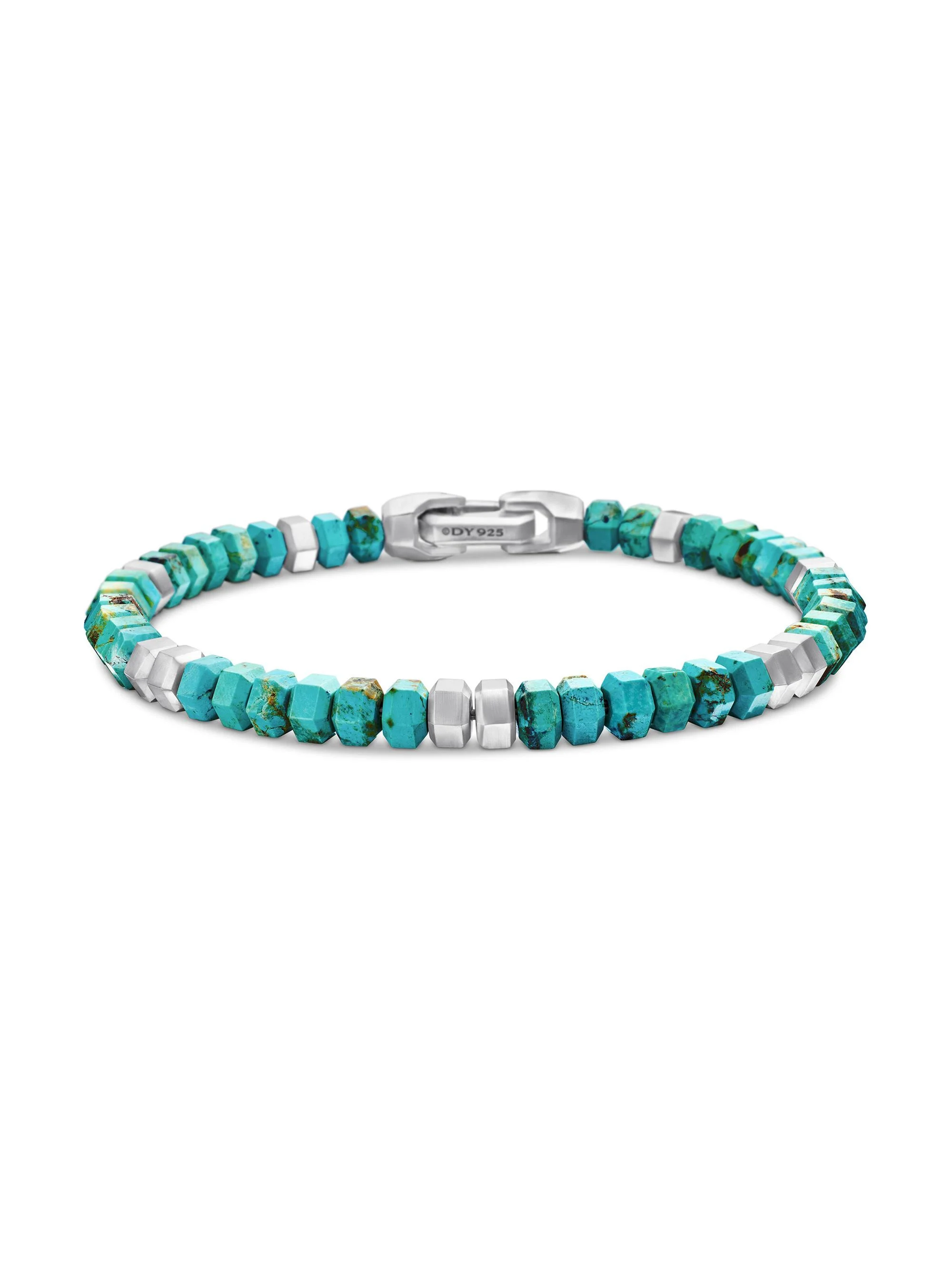 Men's Hex Bead Bracelet in Sterling Silver - Chinese Turquoise - 1