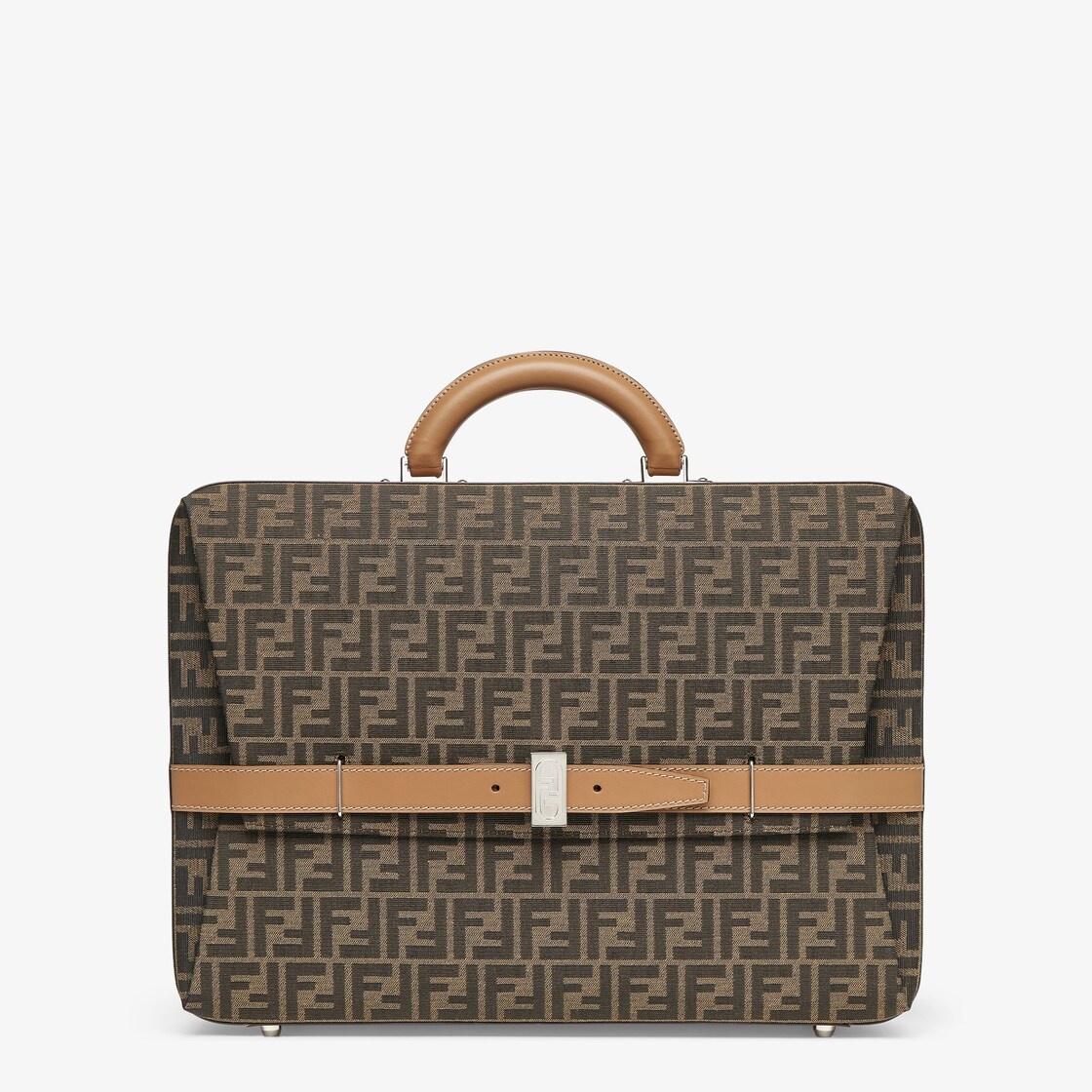 Suitcase with side opening, made of fabric with jacquard FF motif and beige leather. Snap clasp with - 1