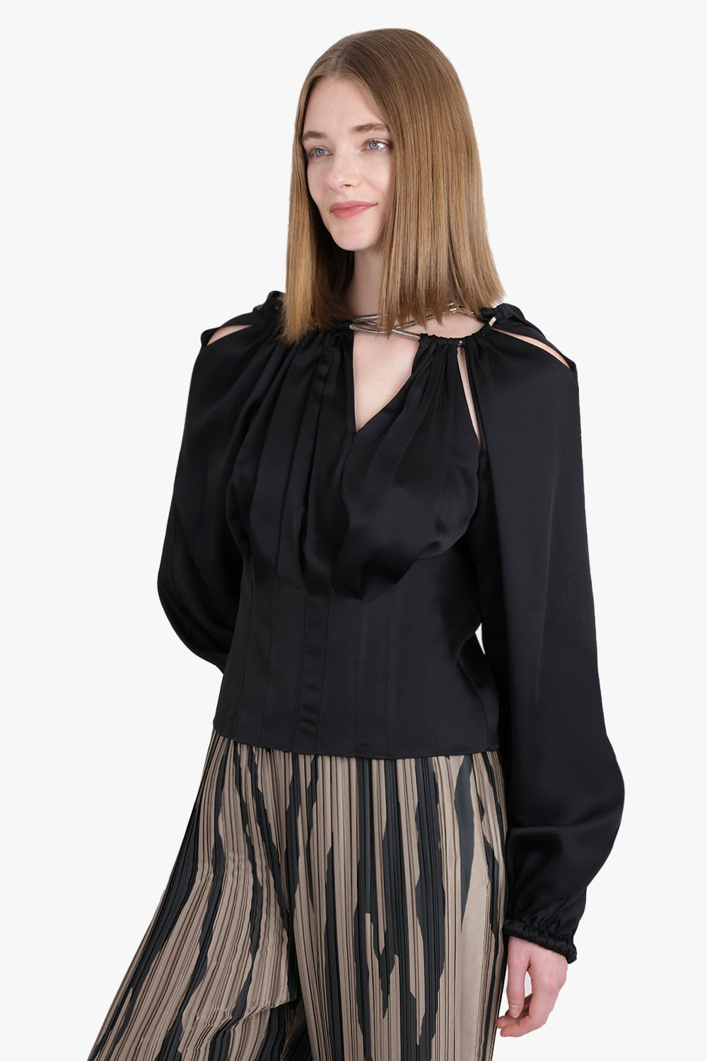 CHAIN NECK OFF SHOULDER L/S TOP | BLACK/SILVER - 2