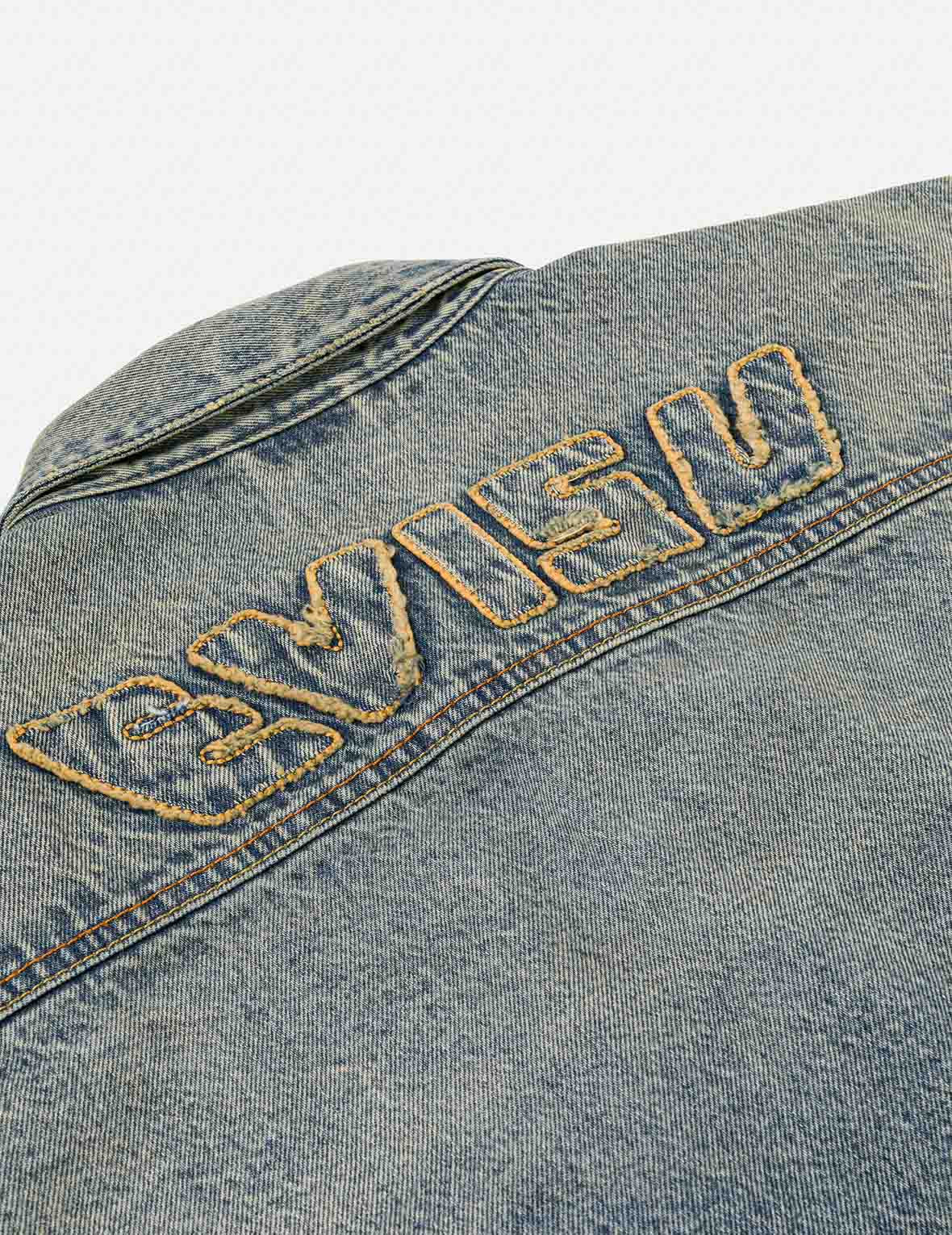 Distressed Seagull Print and Frayed Logo Patch Embroidery Relax Fit Denim Jacket - 8