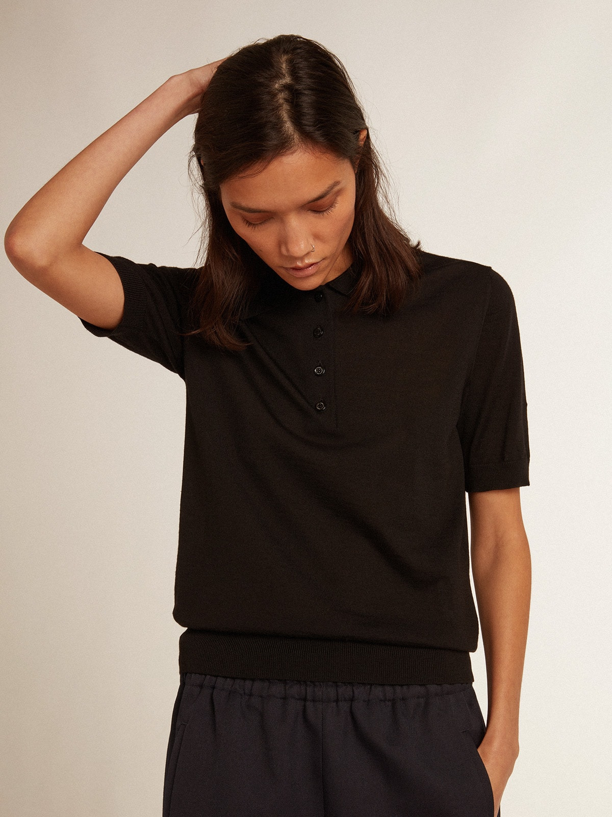 Women’s polo shirt in black merino wool - 5