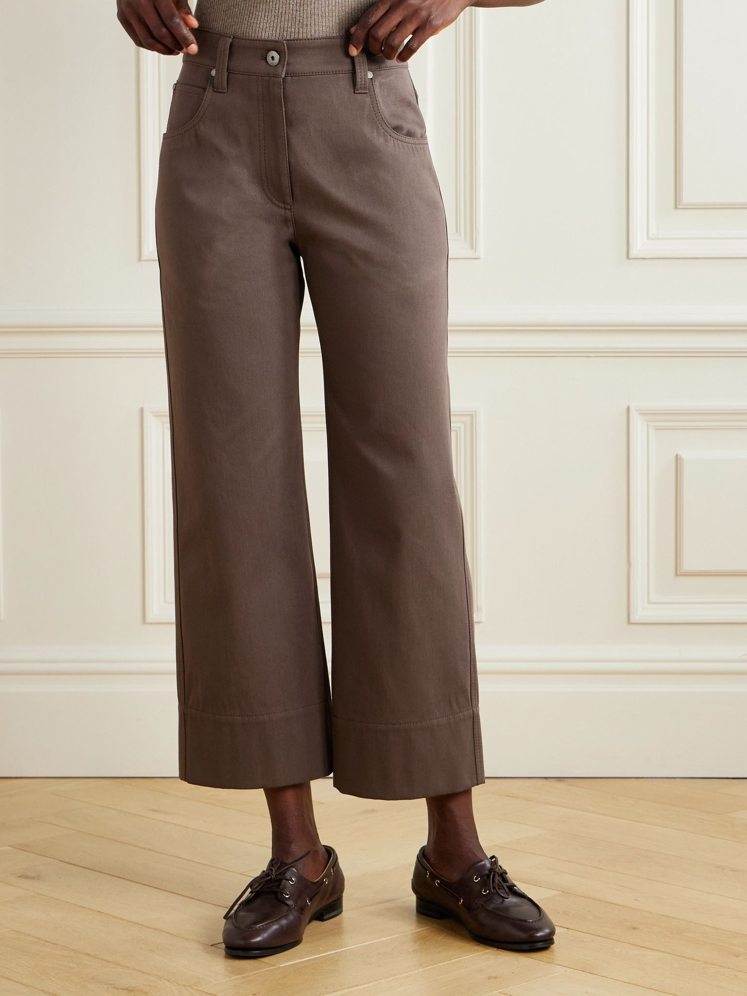 Cropped bead-embellished straight-leg jeans Brown - 3