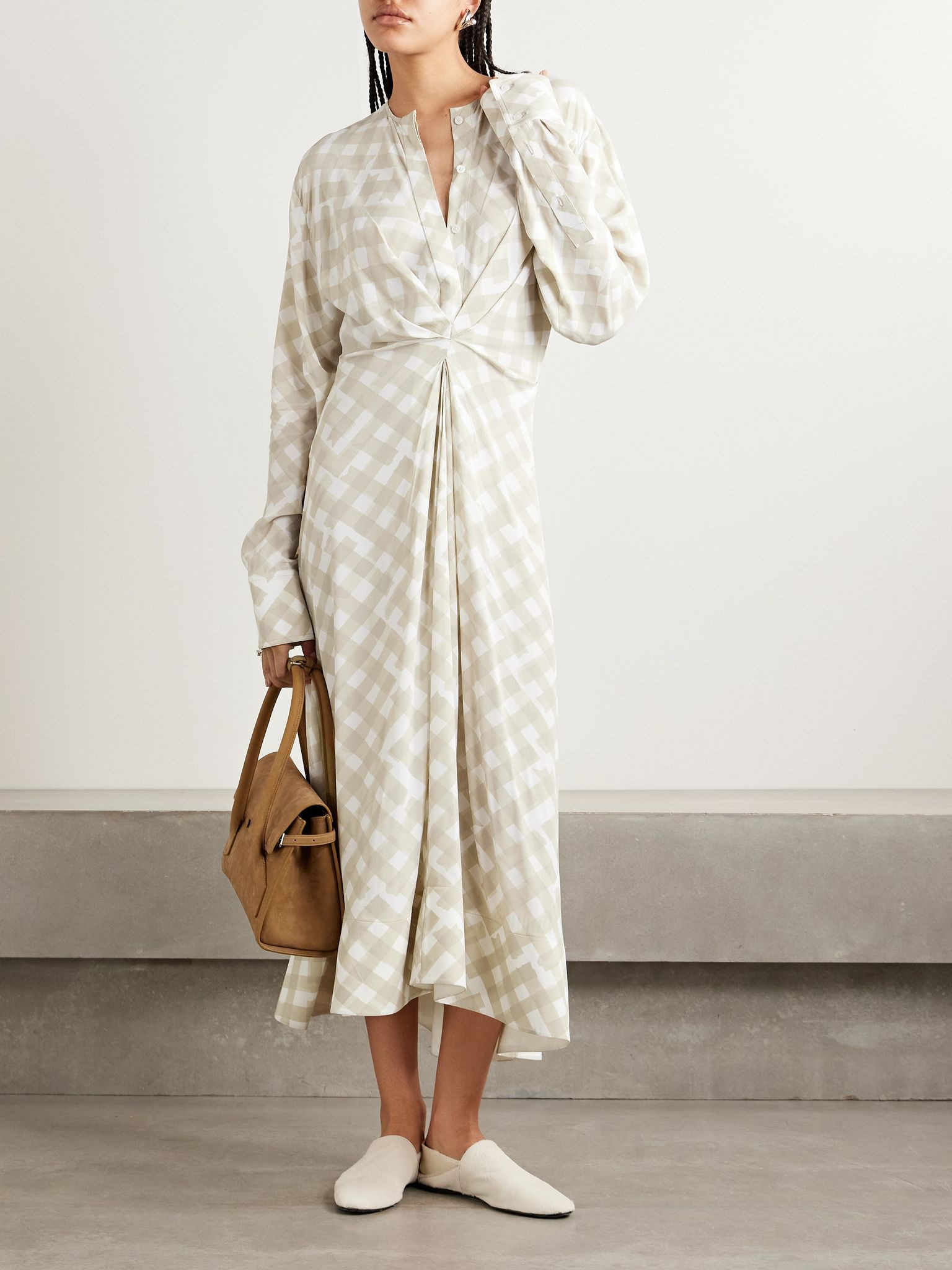 Keria gathered checked crepe de chine midi dress Off-white - 2