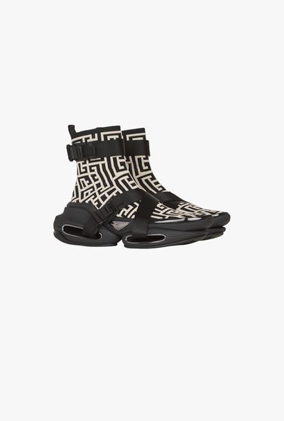 Balmain Bicolor ivory and black knit and suede B-Bold high-top sneakers outlook