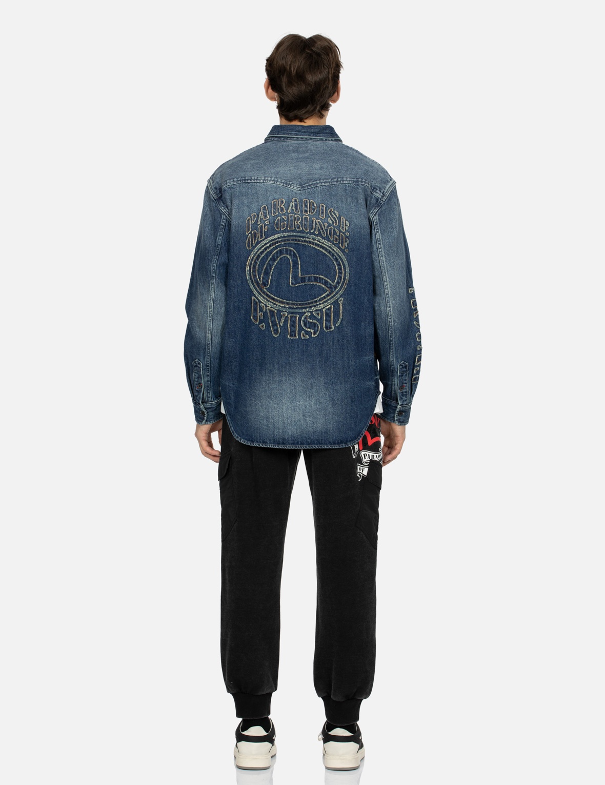 GRUNGE STYLE LOGO AND SEAGULL APPLIQUÉ RELAX FIT DENIM SHIRT - 5