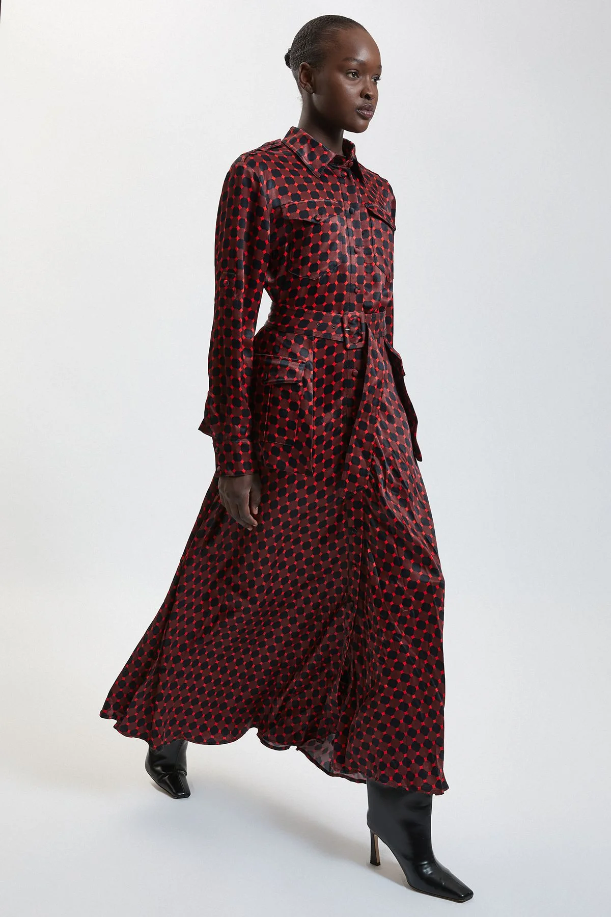 Tailored Printed Satin Viscose Belted Maxi Shirt Dress - 1