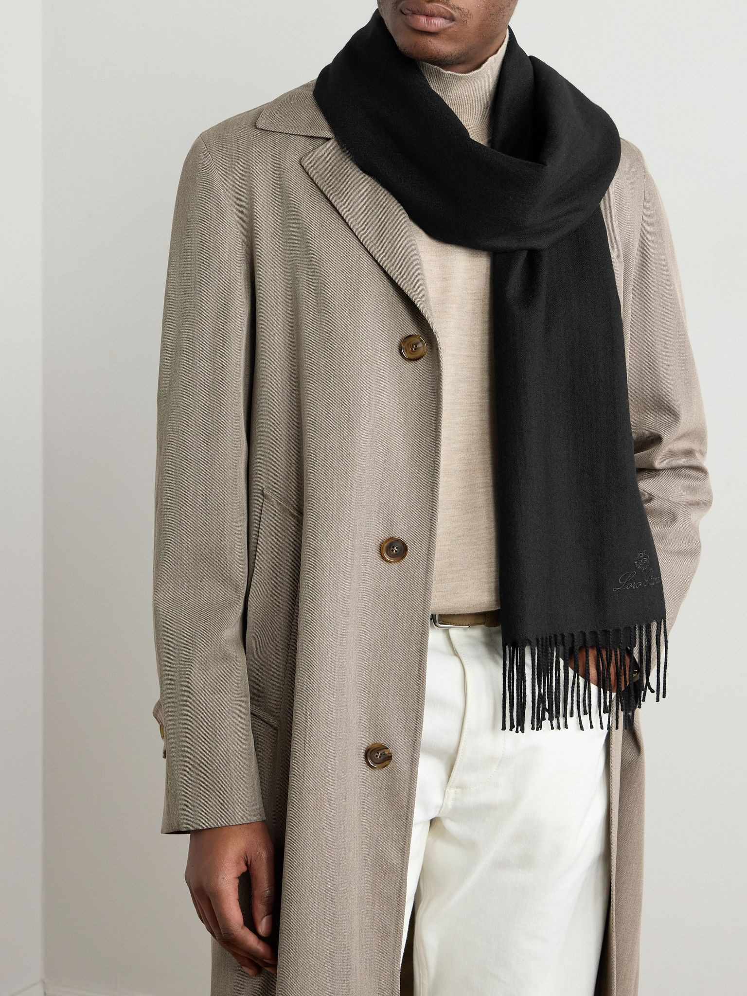 Logo-Embroidered Fringed Herringbone Cashmere Scarf Black - 2