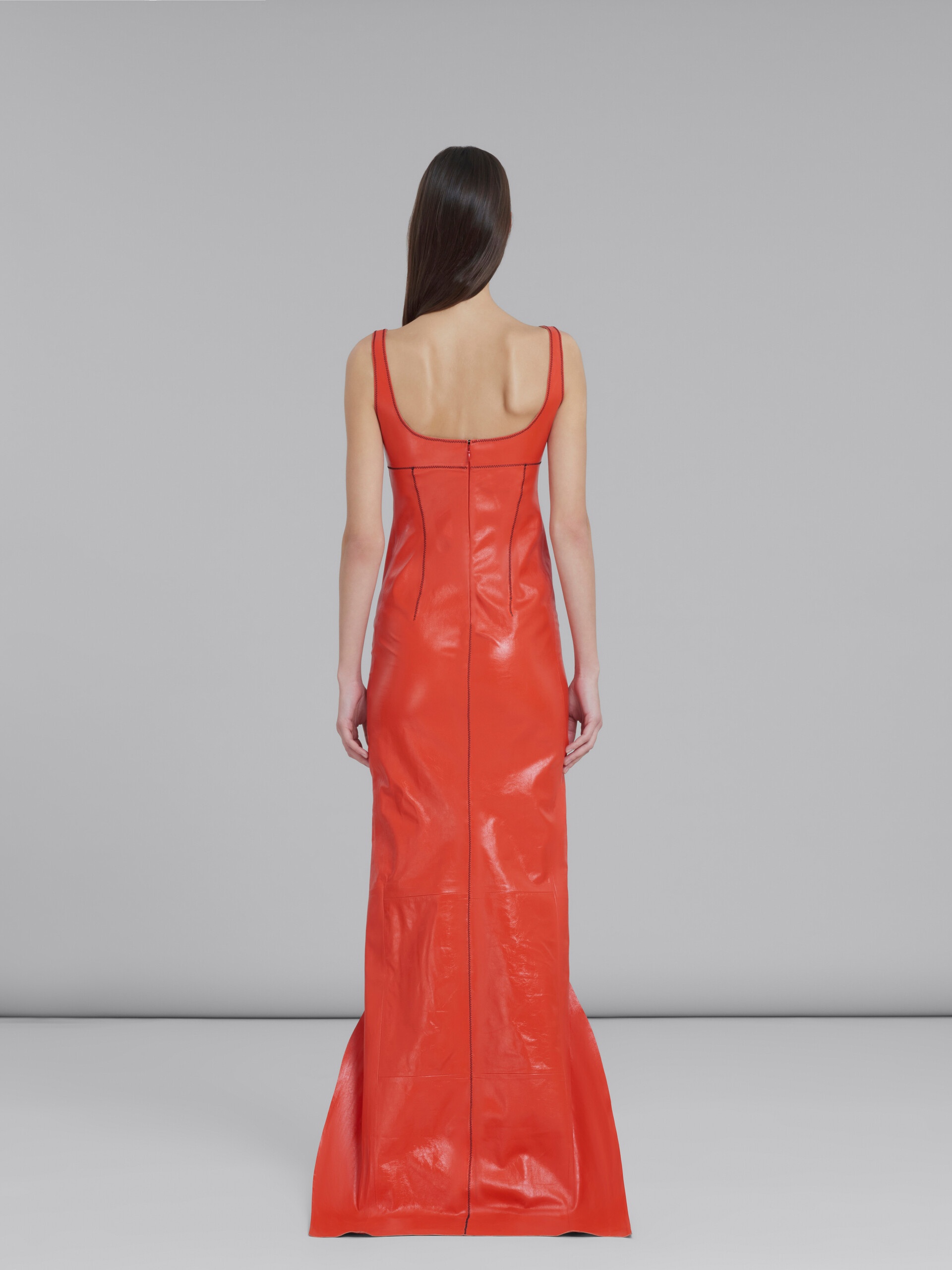 RED LEATHER MAXI DRESS WITH SPLIT - 3