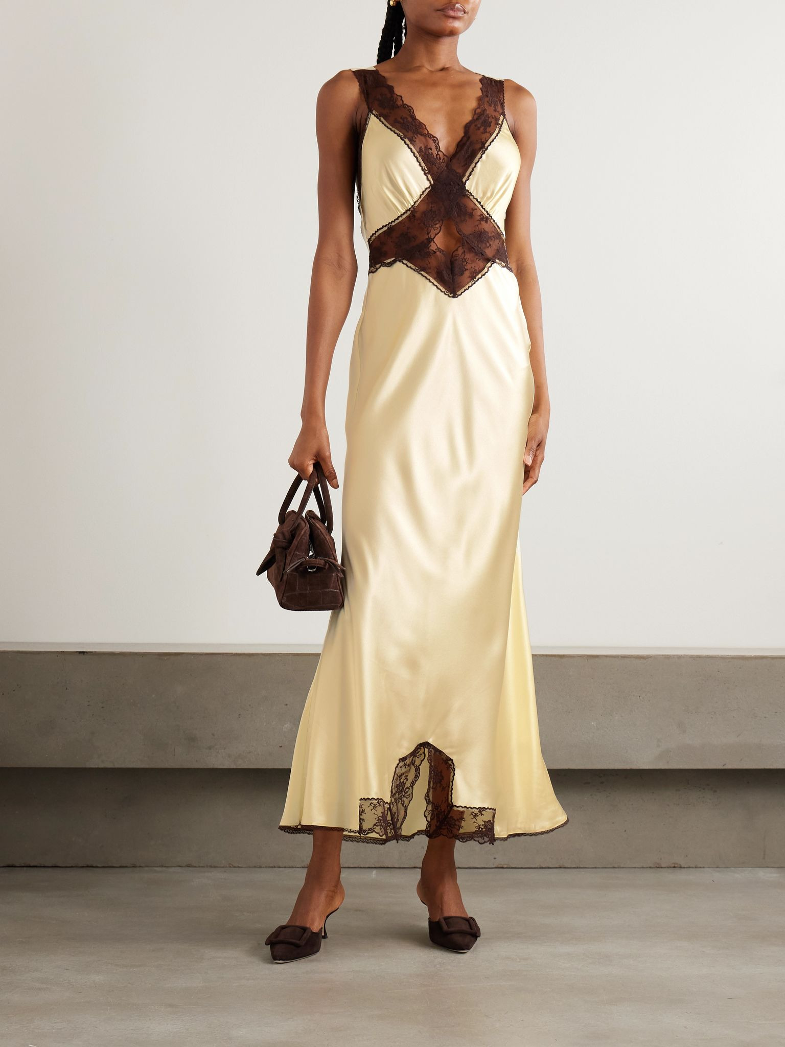 Willa lace-trimmed cutout silk maxi dress Pastel yellow - 2