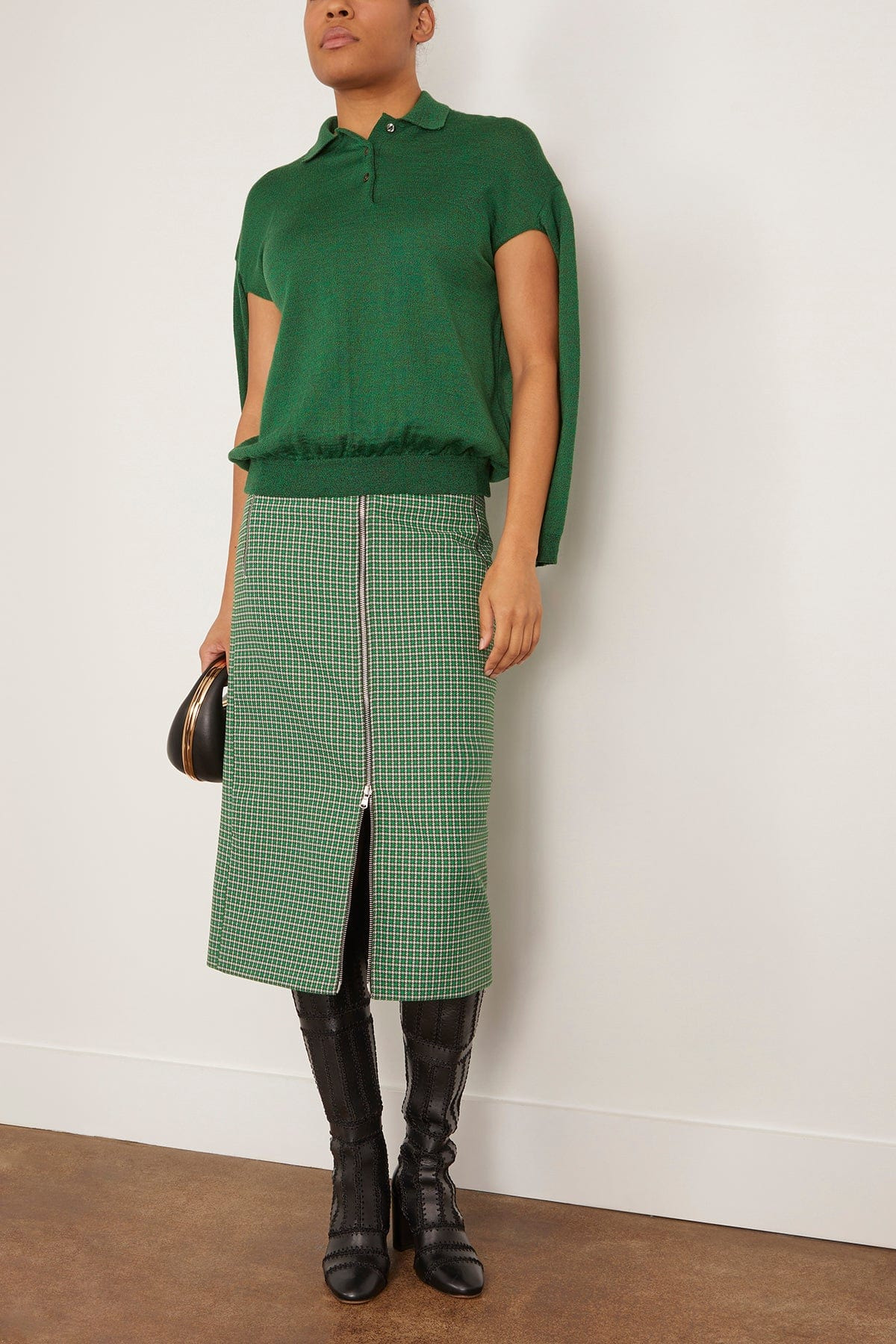 Polo Neck Merino Wool Cut-Out Knit Sweater in Dark Green Melange - 2
