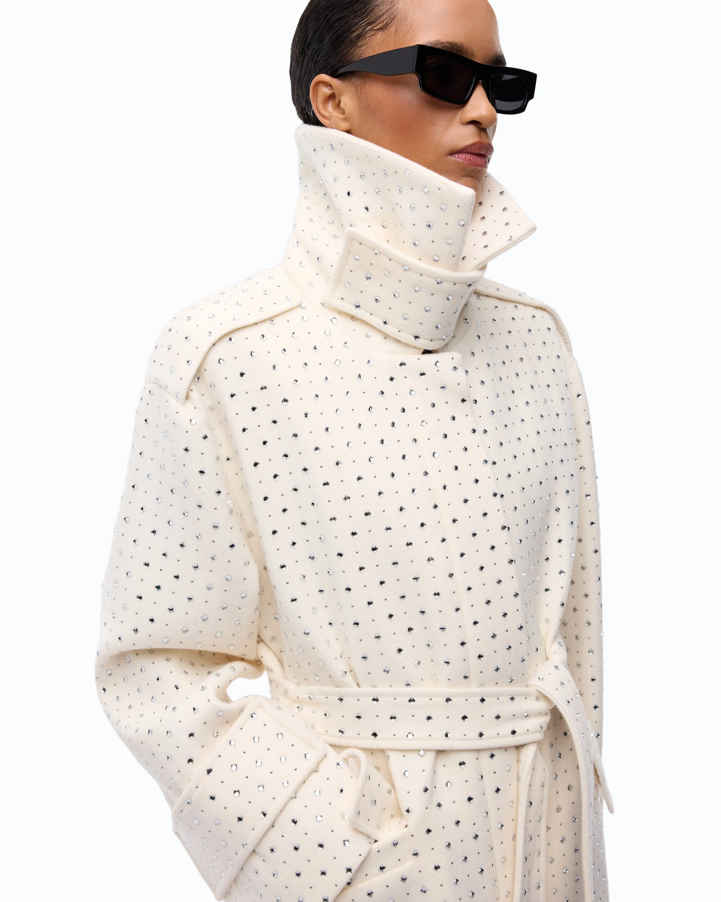 FULLY RHINESTONED LONG WOOL COAT - 1