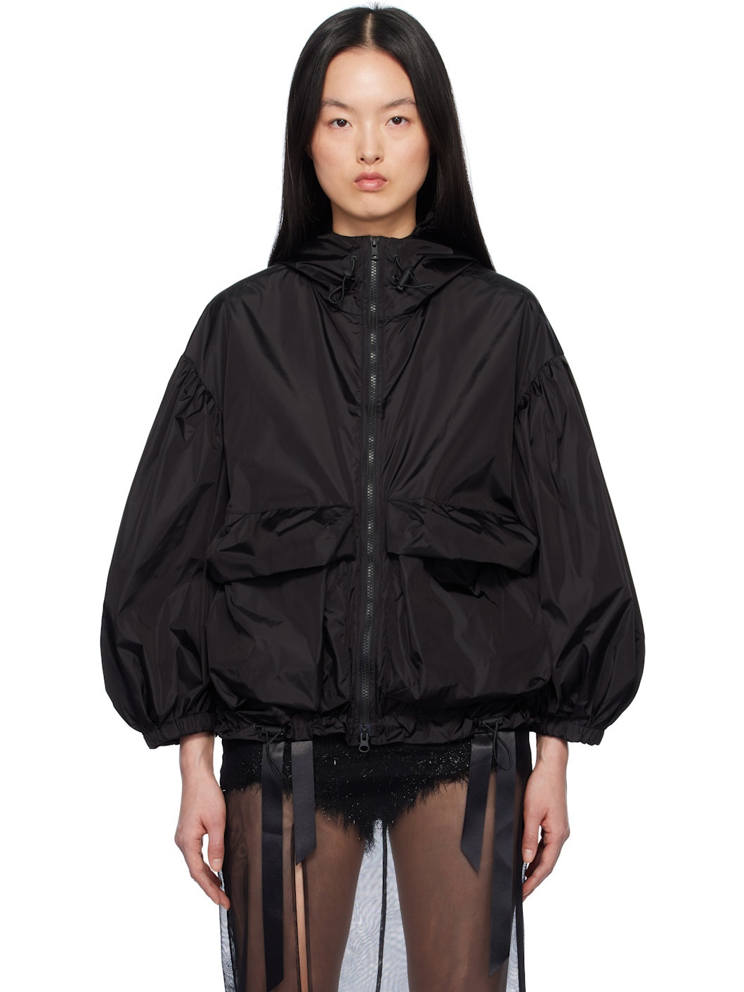 Black Cargo Flap Pocket Puff Sleeve Drawstring Jacket - 1