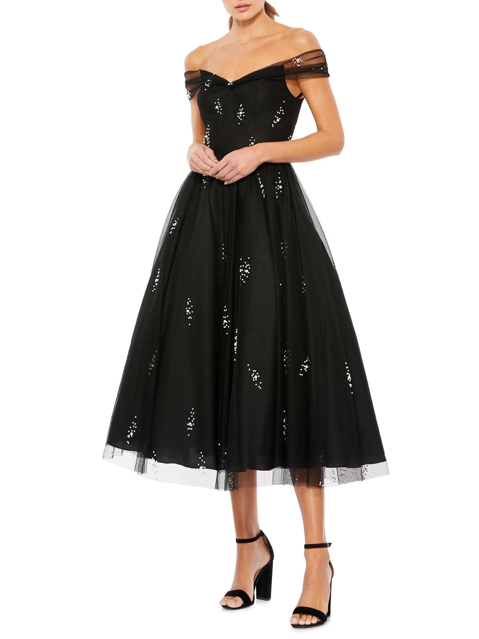 Women's Imitation Pearl-Embellished Off-The-Shoulder Cocktail Dress - Black - 1