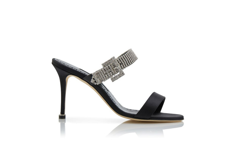 Black Satin Crystal Embellished Strap Mules 1