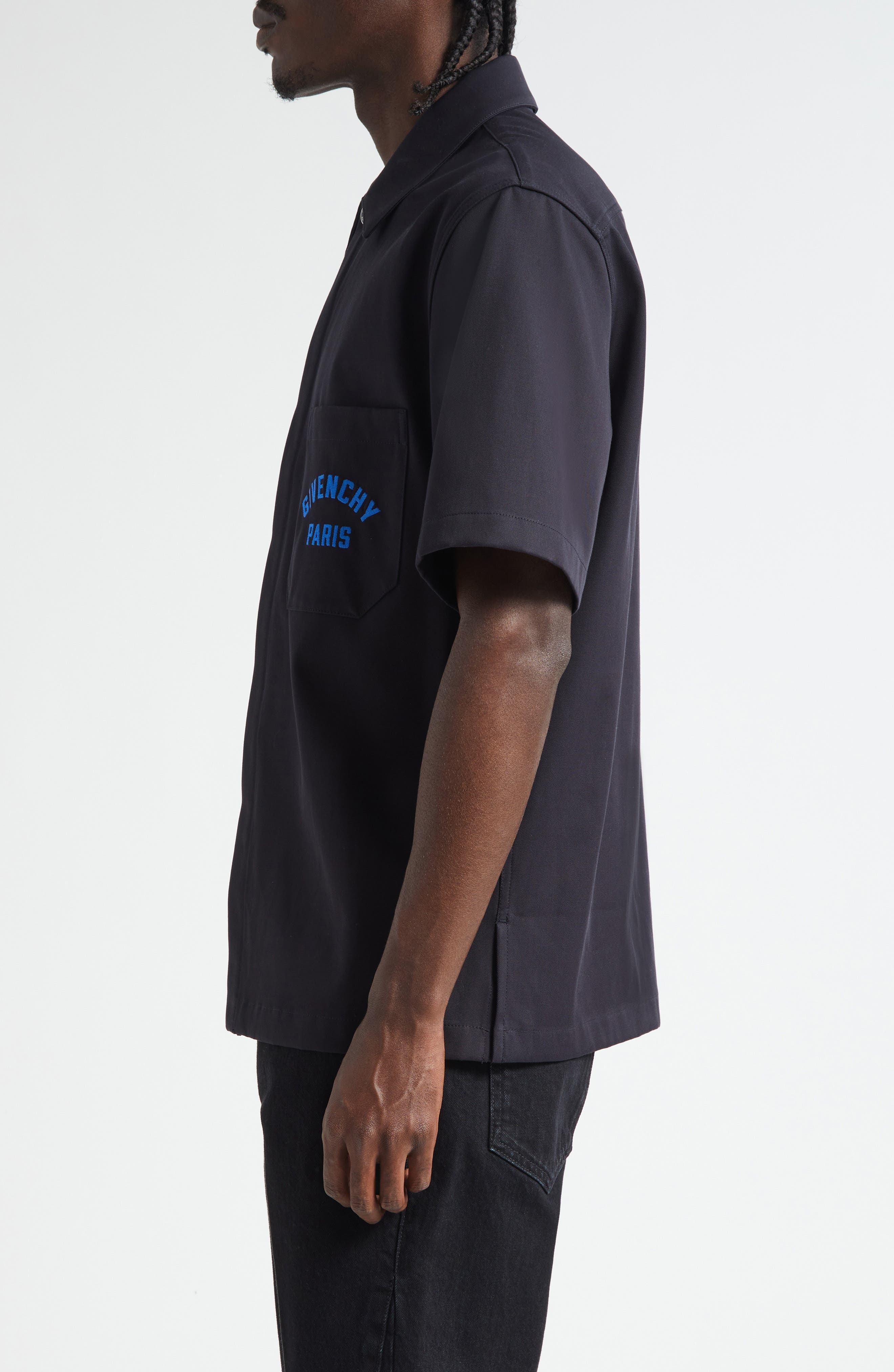 Givenchy Logo Embroidered Short Sleeve Button-Up Shirt in Dark Blue at Nordstrom - 4