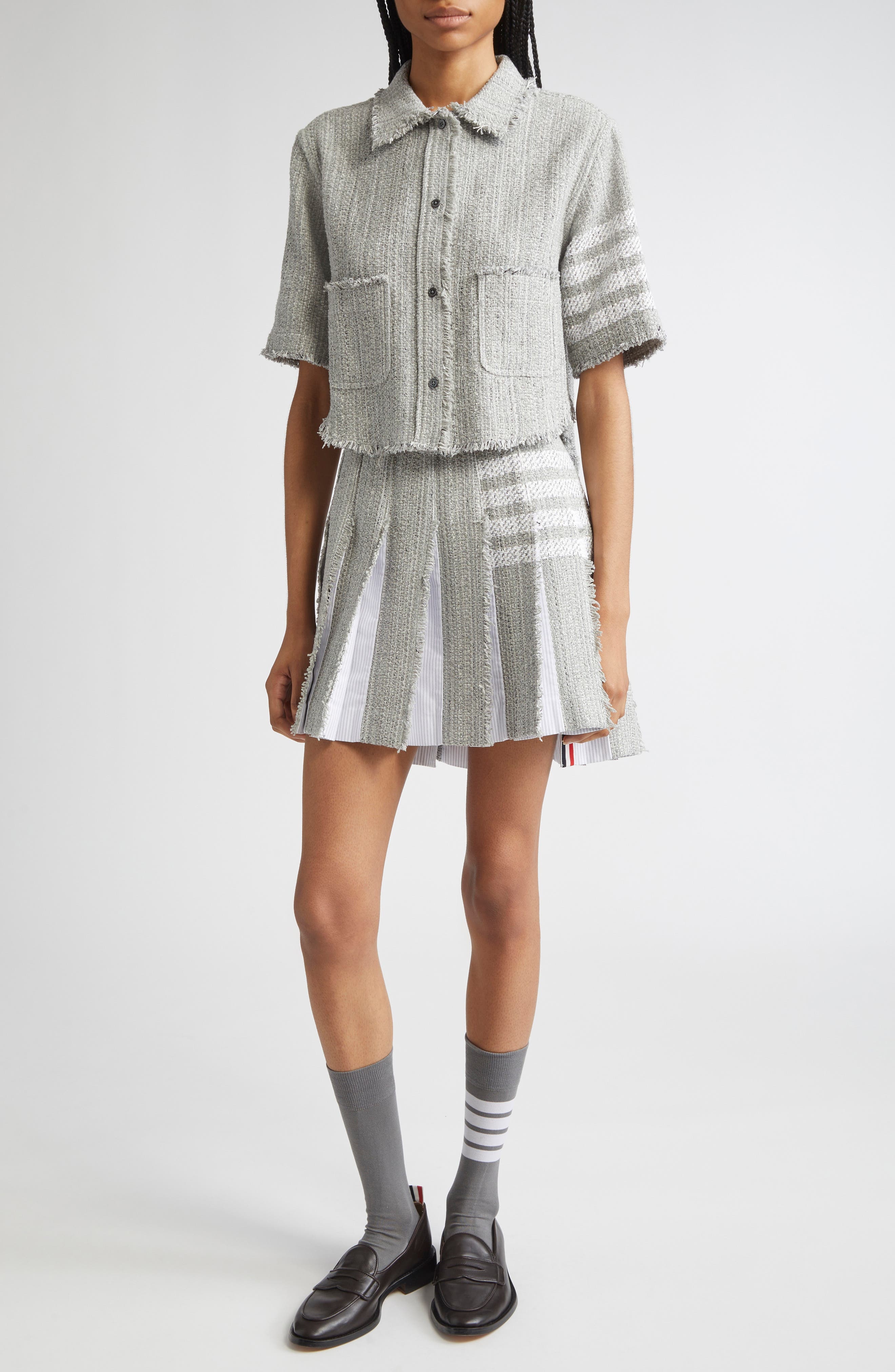 Thom Browne 4-Bar Short Sleeve Eyelash Tweed Crop Shirt Jacket in Medium Grey at Nordstrom - 2