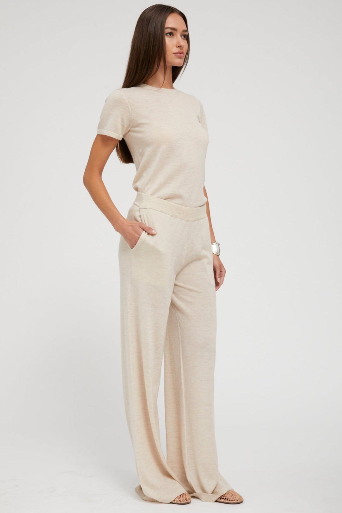 LATTE ULTRA FINE CASHMERE WIDE LEG PANTS - 4